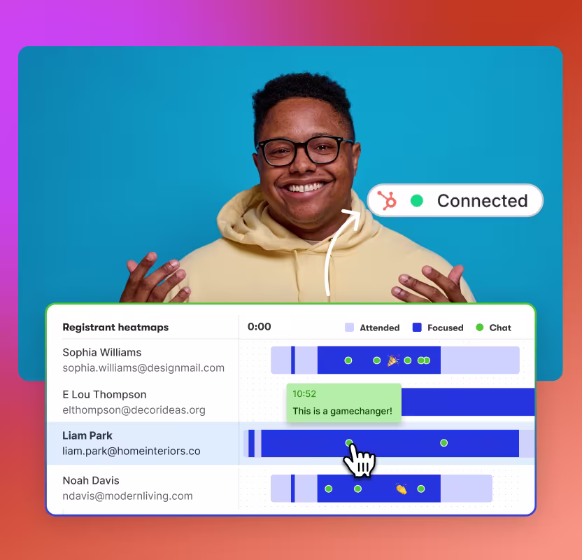 A live webinar view showing registrant heatmaps with attendance, focused attendance, and chat activity tracked in real time.