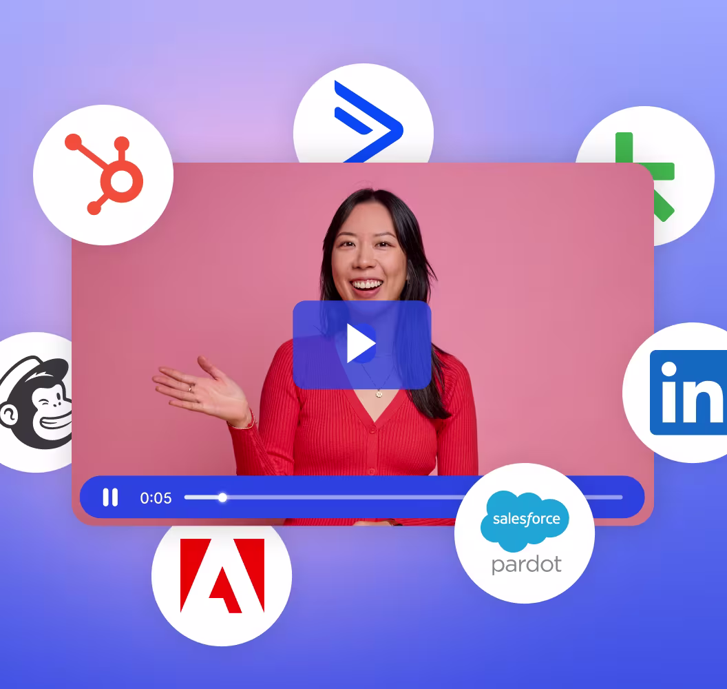 A video player surrounded by marketing tool integrations like HubSpot, Marketo, and Pardot.