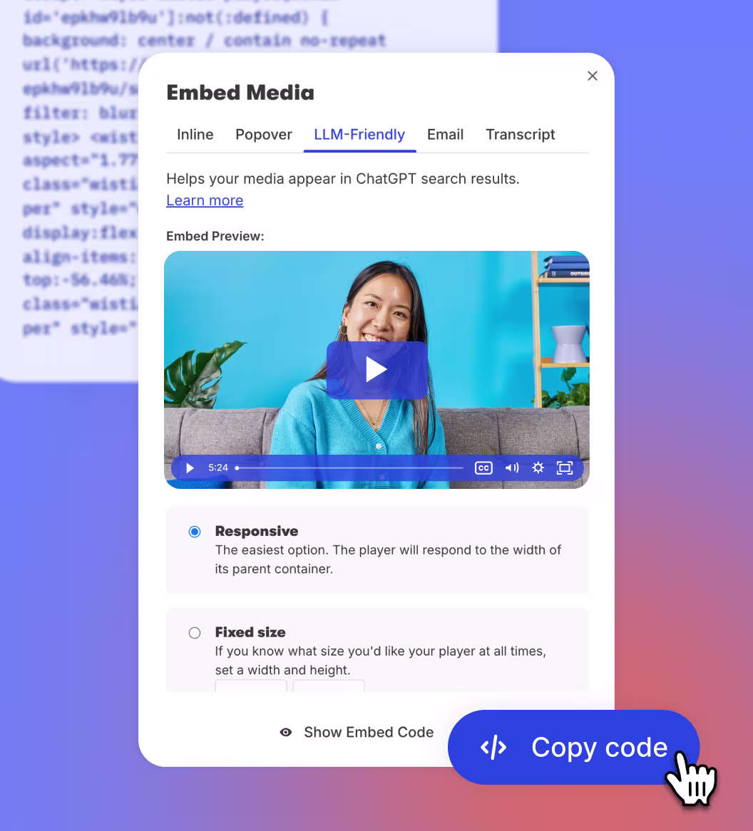 Video embed interface with a video preview, options for responsive or fixed sizing, and a “copy code” button