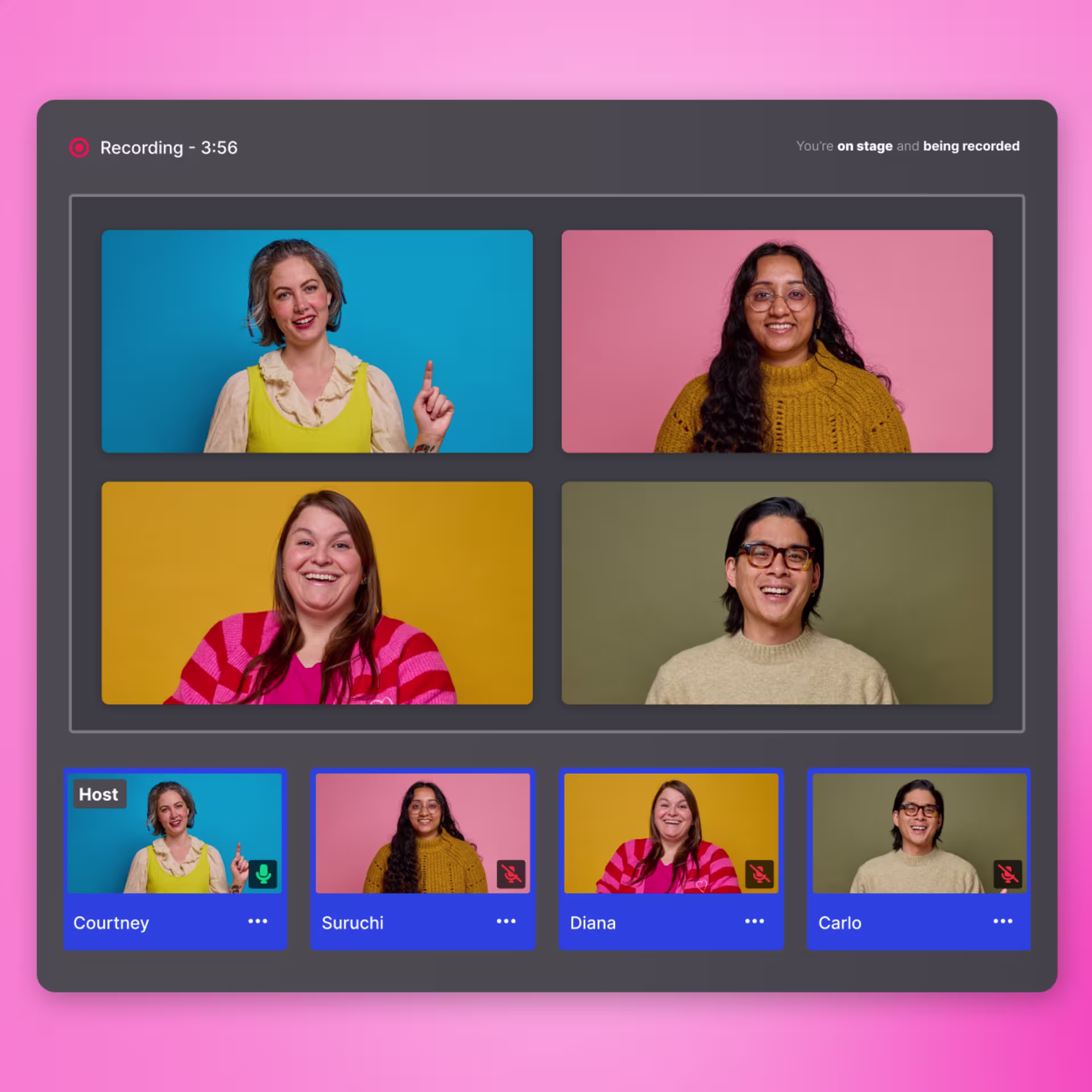 Multi-speaker recording stage view showing four participants in a grid layout with host labeled, a recording timer, and individual participant tiles with ‘microphone on or muted’ indicators.