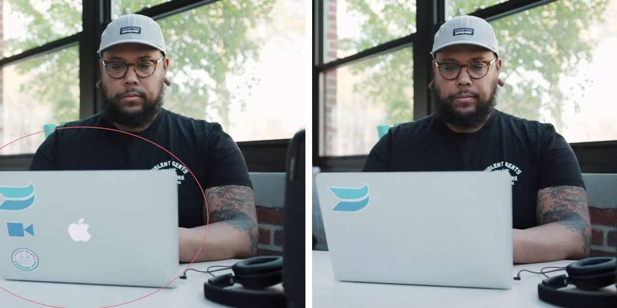 side-by-side image of man at computer with logo removed