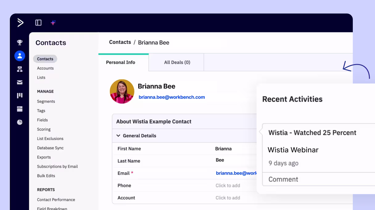 ActiveCampaign contact record displaying Wistia webinar engagement data.