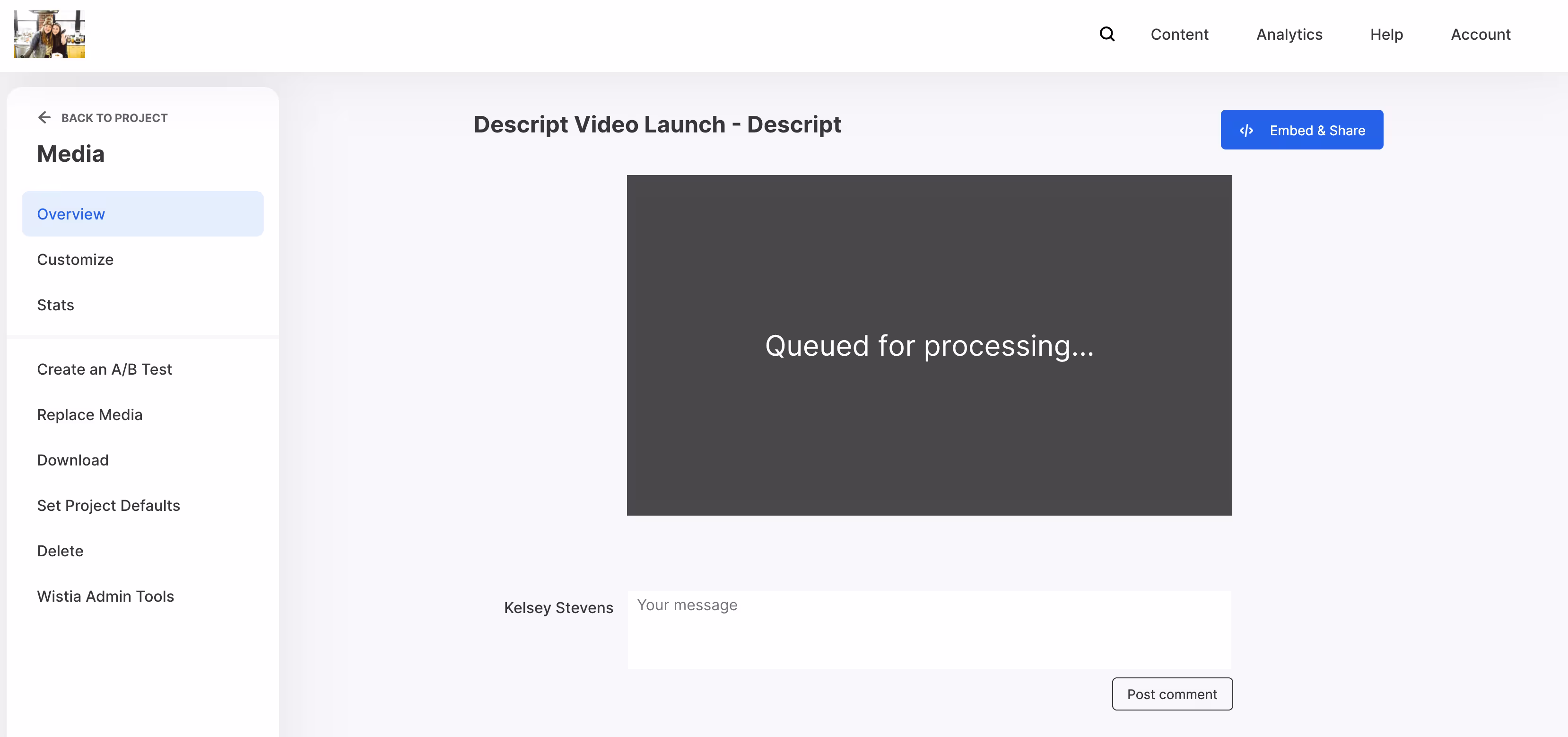 Descript Wistia Media Processing Screenshot