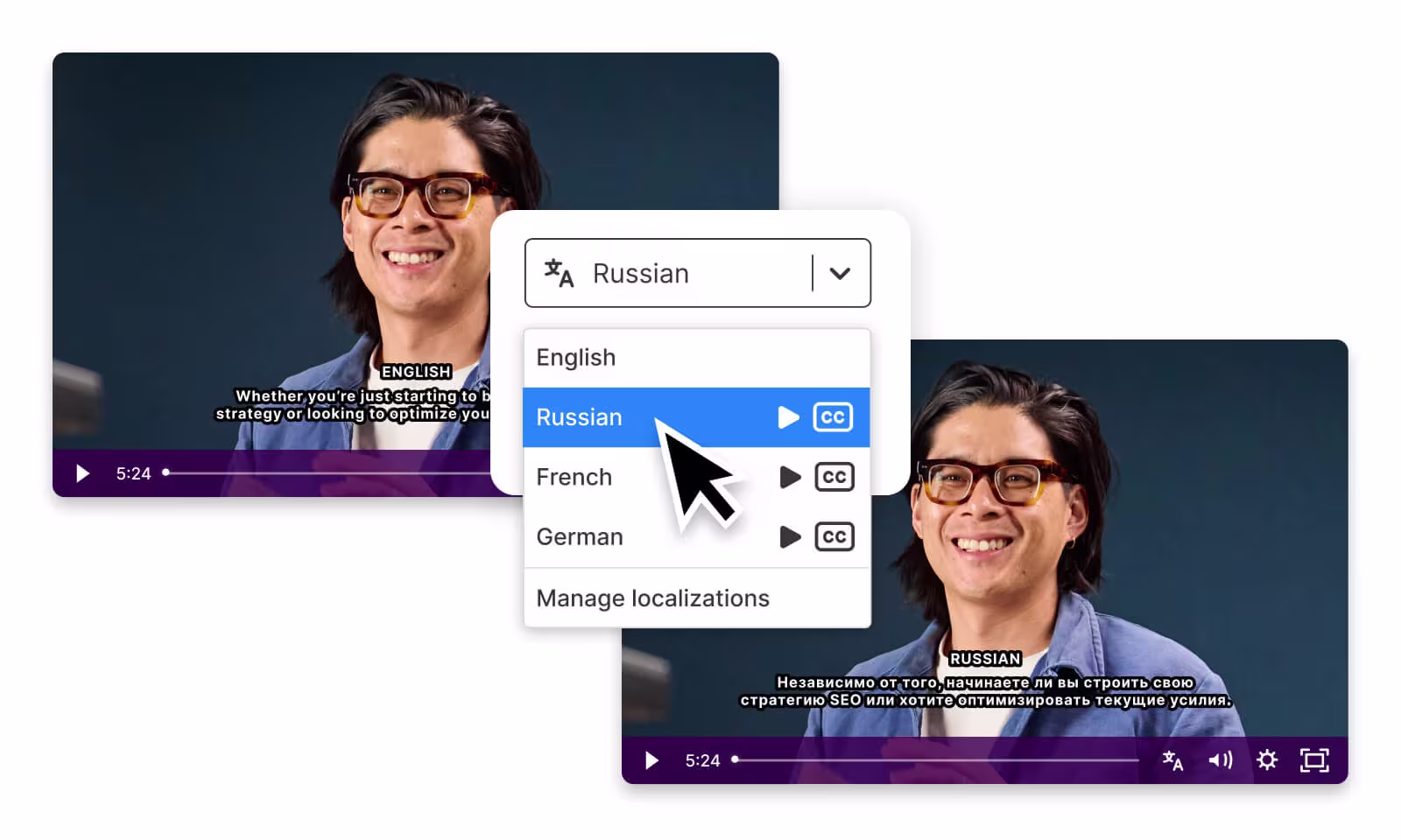 Wistia player showing AI dubbing interface translating English into Russian