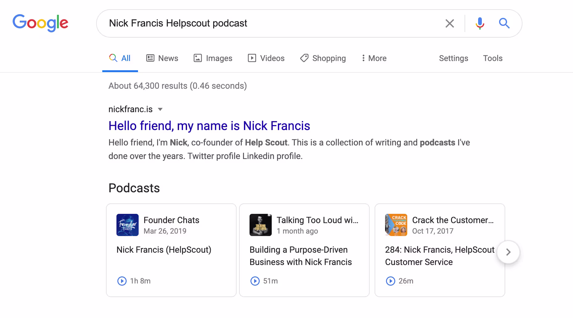 Nick Francis Podcast SERP