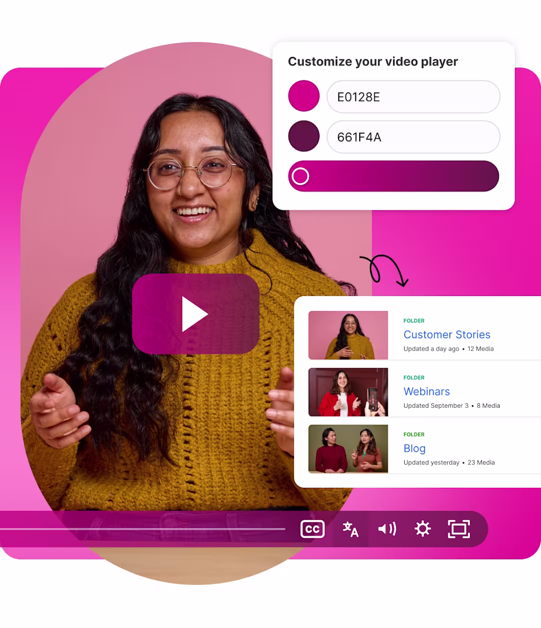 Woman in video player interface with customization and playlist options shown on a pink background.