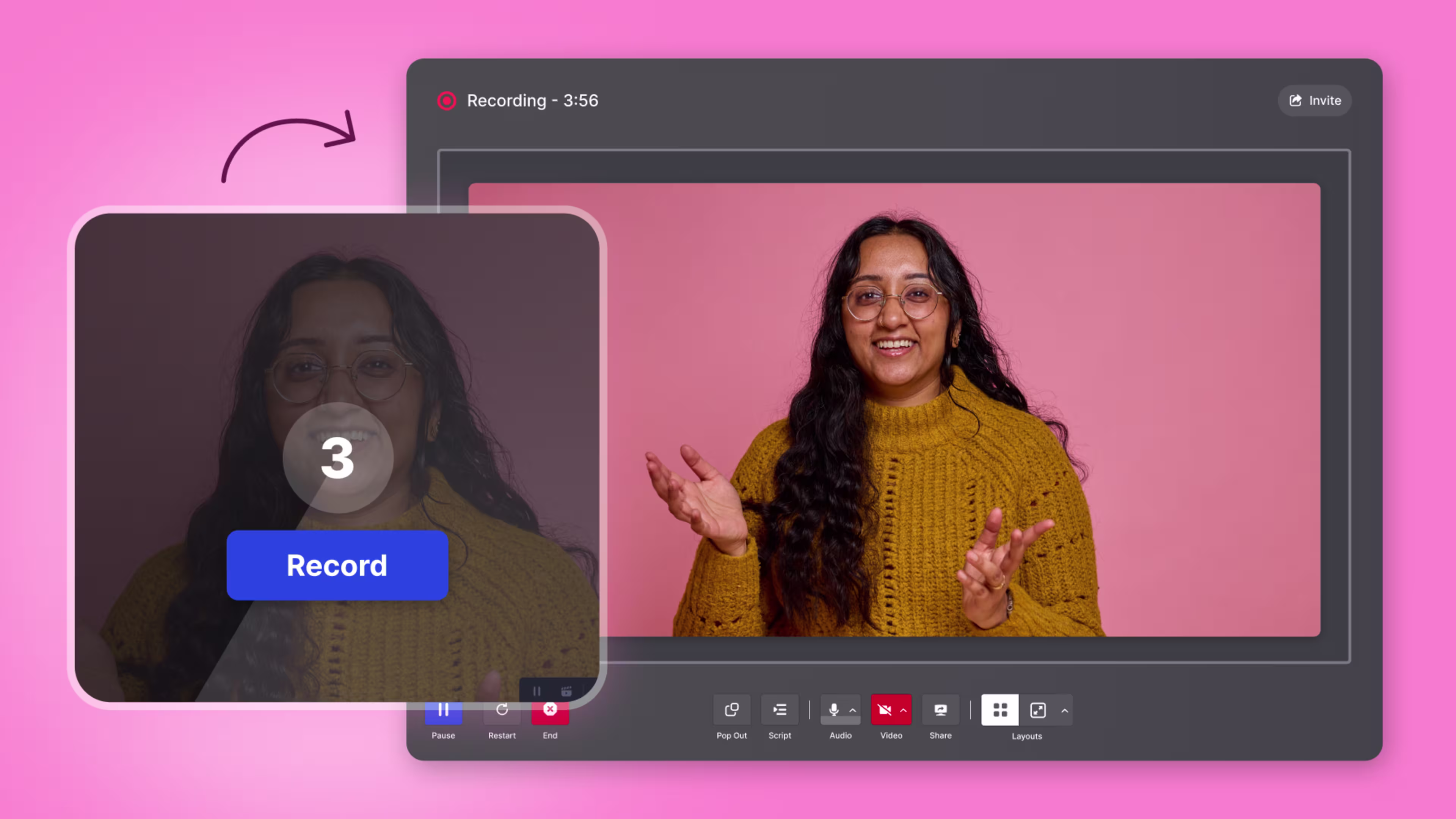 Wistia’s recording UI with a 3-second countdown over the presenter’s camera preview, a blue “Record” button, and a control bar with pause, restart, and end.