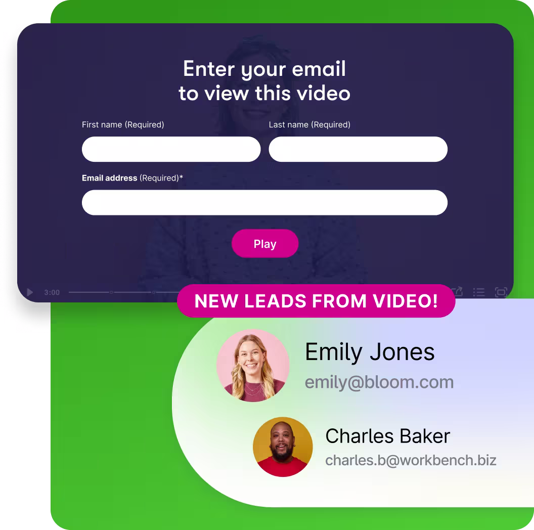 Image of a Wistia Form with fields for first name, last name, and email address, all above a badge stating “New leads from video!” and the faces, names, and email addresses of two leads.
