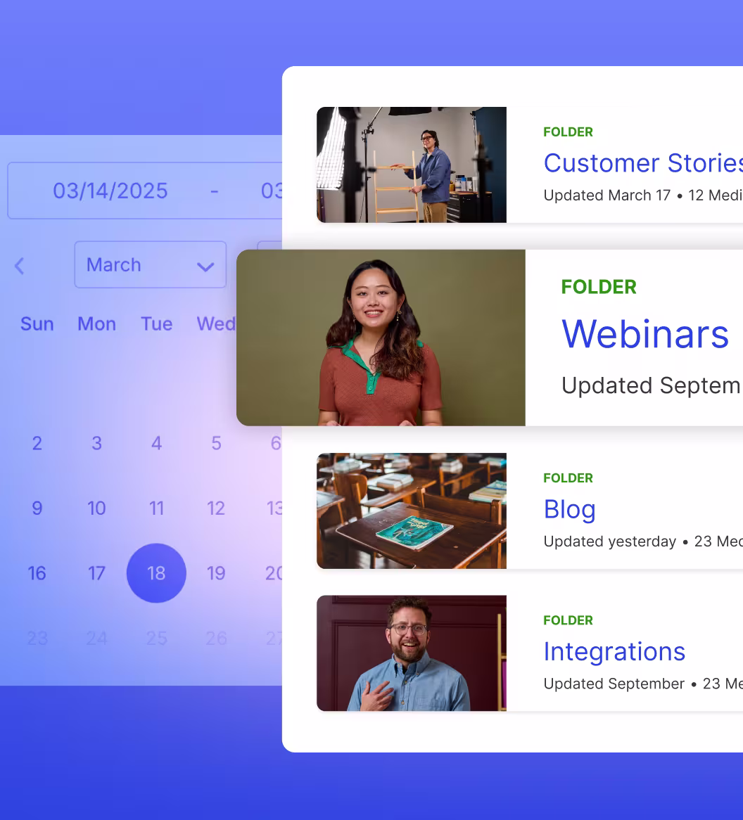 Video software UI showing a content library, highlighting the webinars folder. A calendar is in the background.