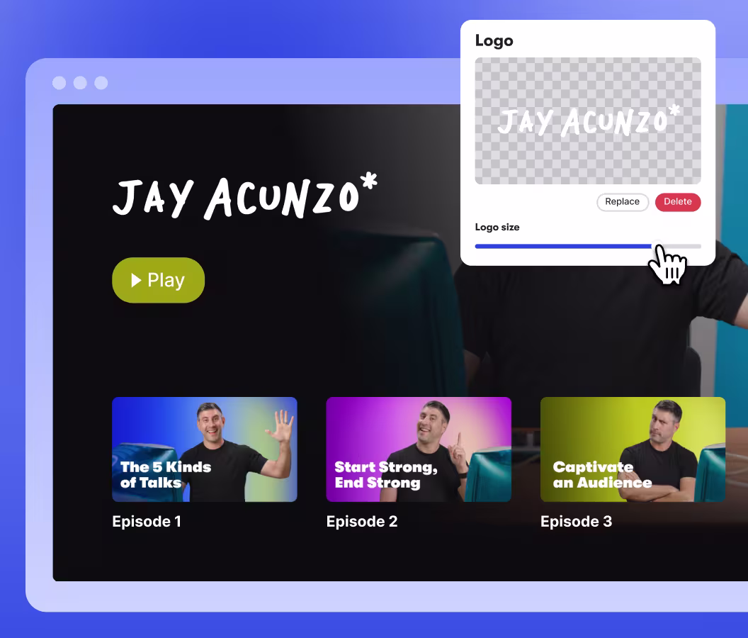 Wistia Channel titled “Workbench” showing a play button, logo editor, and three on-demand webinars.