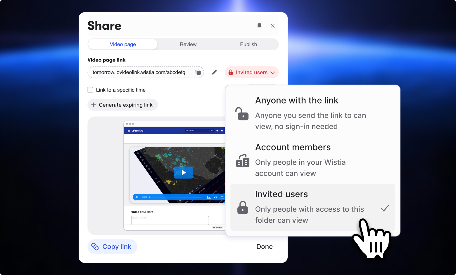 Wistia’s share screen with “Invited users” selected