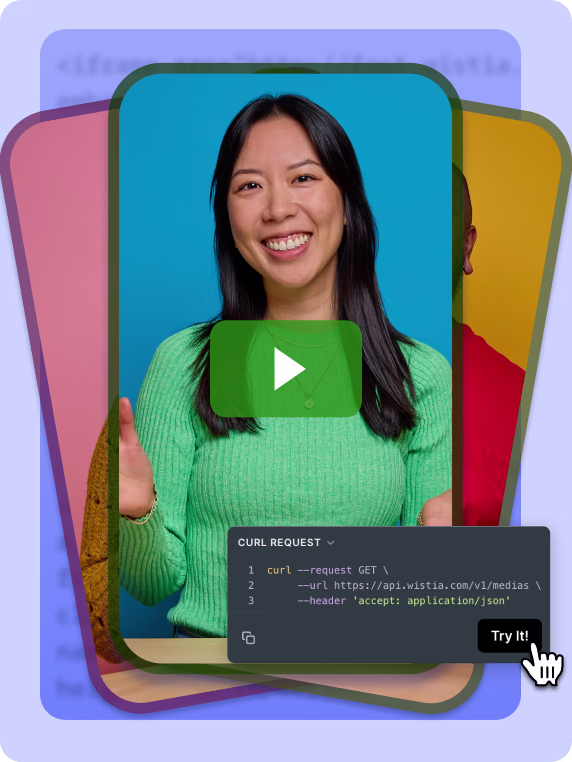 Wistia player interface showcasing a woman on a green background overlaid by a large blue play button and player controls. Surrounding the image are colorful video thumbnails.