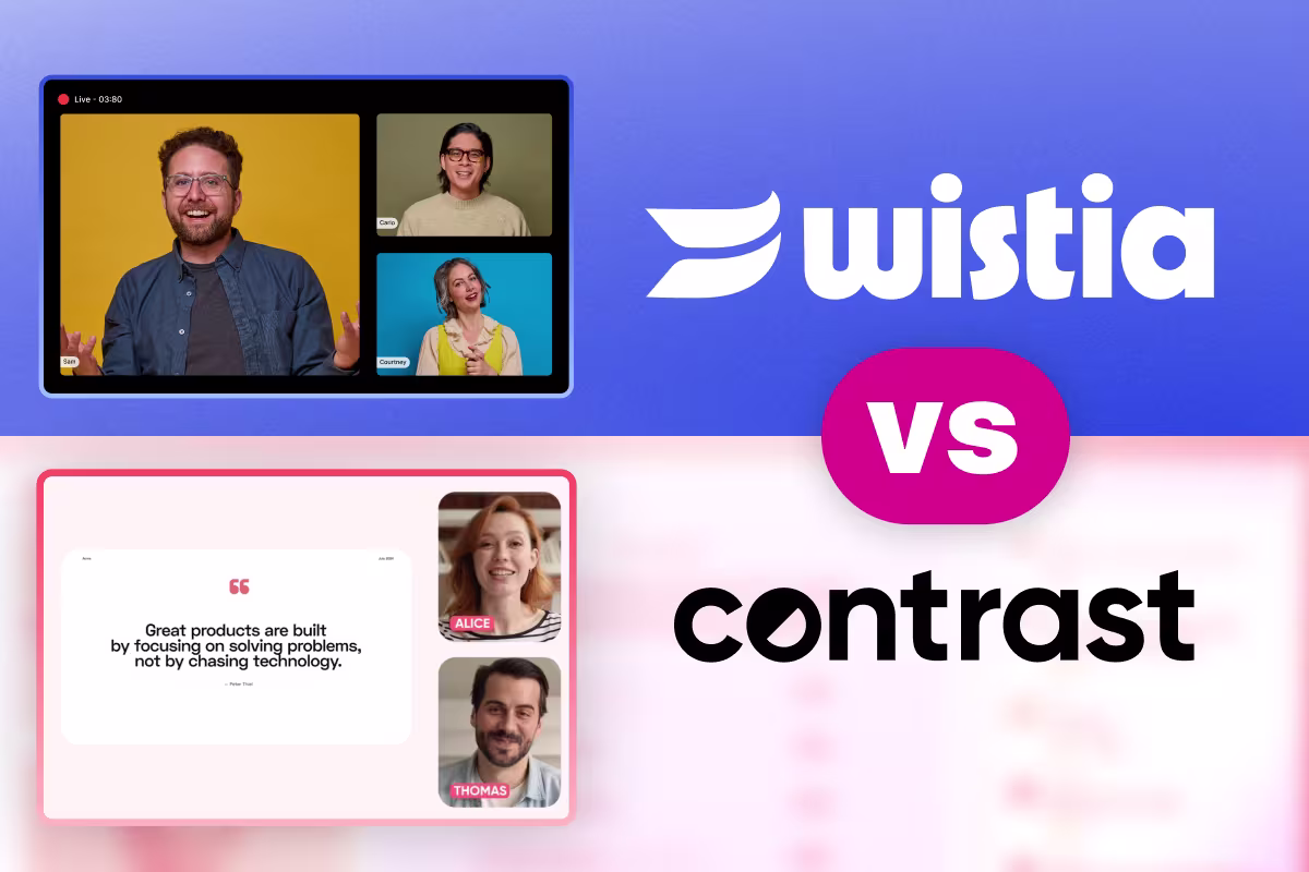 The title text reads "Wistia vs Contrast" and the images compare Wistia and Contrast's webinar interfaces