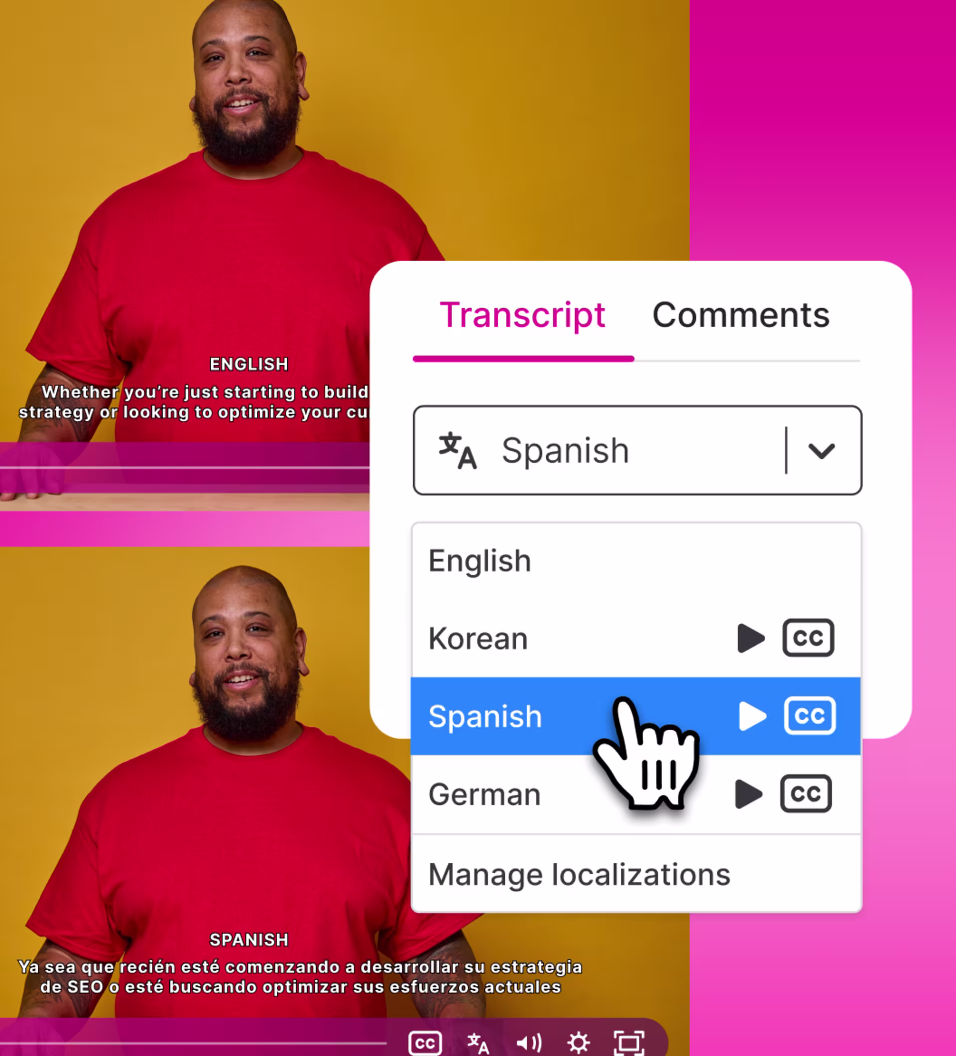 A video player shows a speaker with AI dubbing. A dropdown selects 'Russian,' showcasing Wistia's translation feature.
