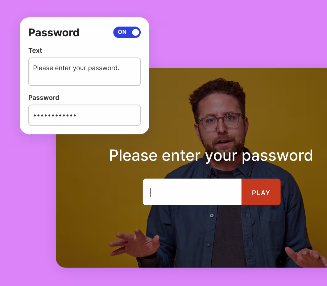 A Wistia video with password protection turned on, showing a Please enter your password prompt over the video and the password settings panel.