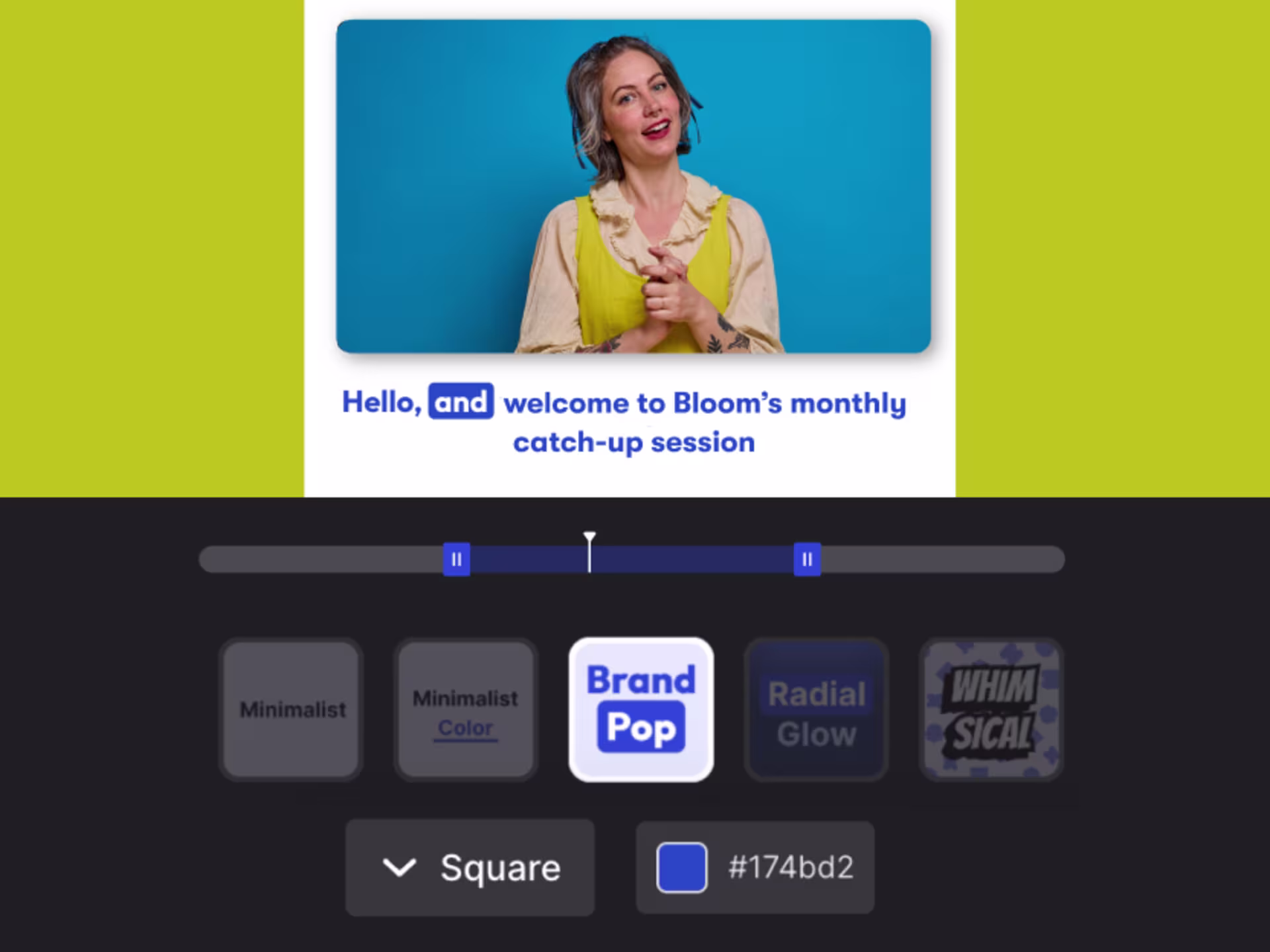Social Clips interface showing a clip being created with a speaker and stylized, burnt-in captions. Below are timeline trimming controls, five stylized caption options, and two dropdown menus for clip shape and color.