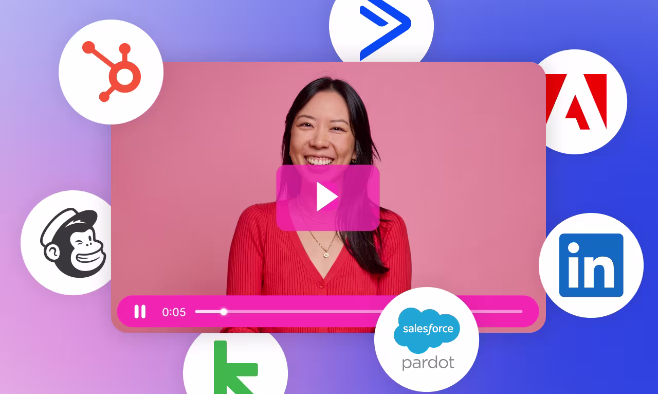 A video player surrounded by marketing tool integrations like HubSpot, Marketo, and Pardot.