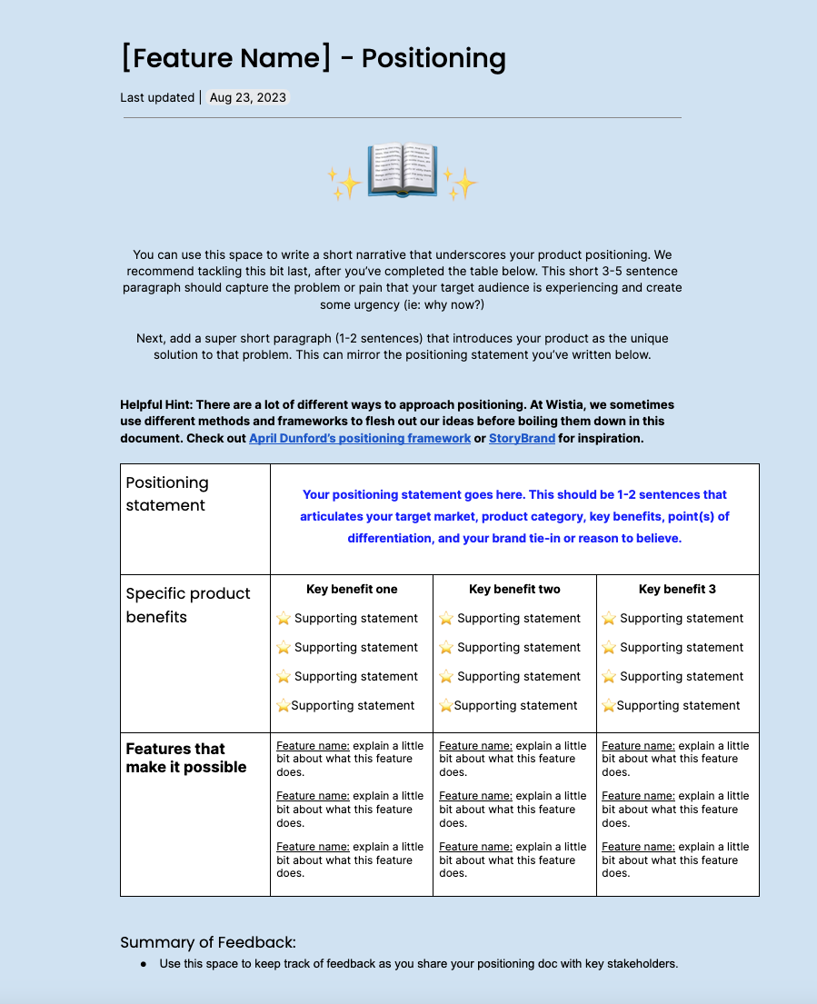 Behind the Scenes of a Wistia Product Launch - HubSpot Inbound 2023 - Positioning Template