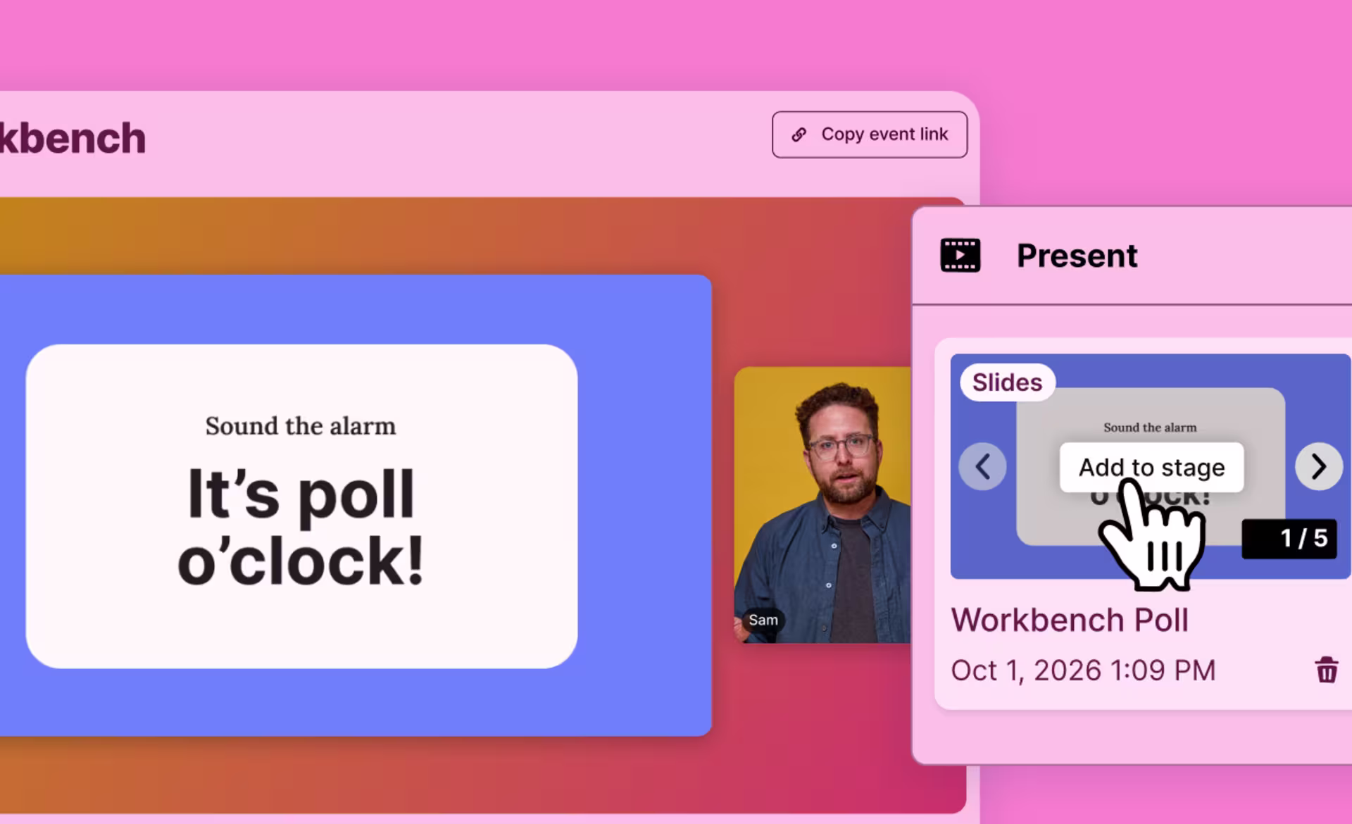 A live webinar stage with a poll slide being added from the Present panel