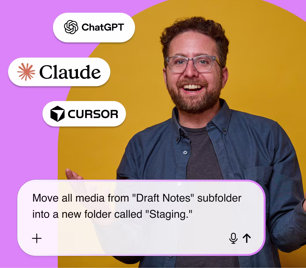Shows Wistia’s MCP server in use. A smiling person beside the ChatGPT, Claude, and Cursor logos, with an AI prompt reading ’Move all media from Draft Notes subfolder into a new folder called Staging.'.