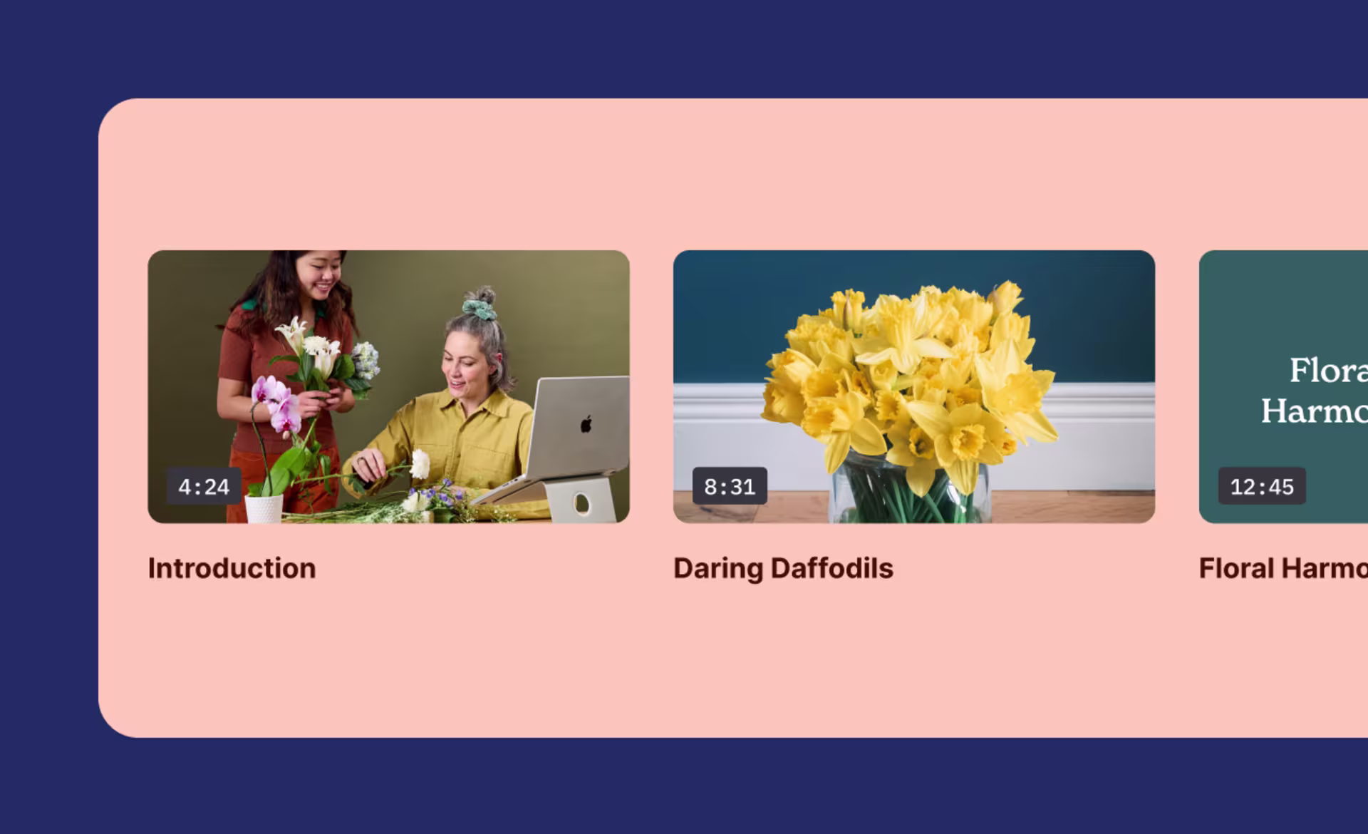 Video carousel interface displaying a collection of floral arrangement tutorials with thumbnails, titles, and video durations.