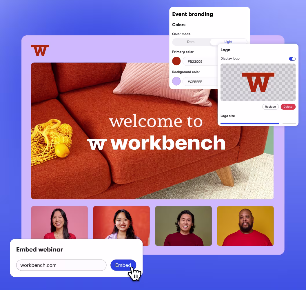 A branded webinar registration page and video player experience.