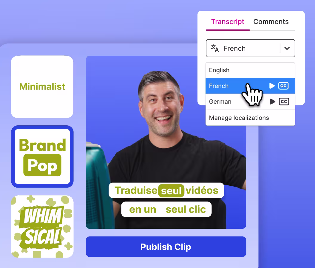 Clip editor showing three styles of burnt-in captions and three language options with French selected.