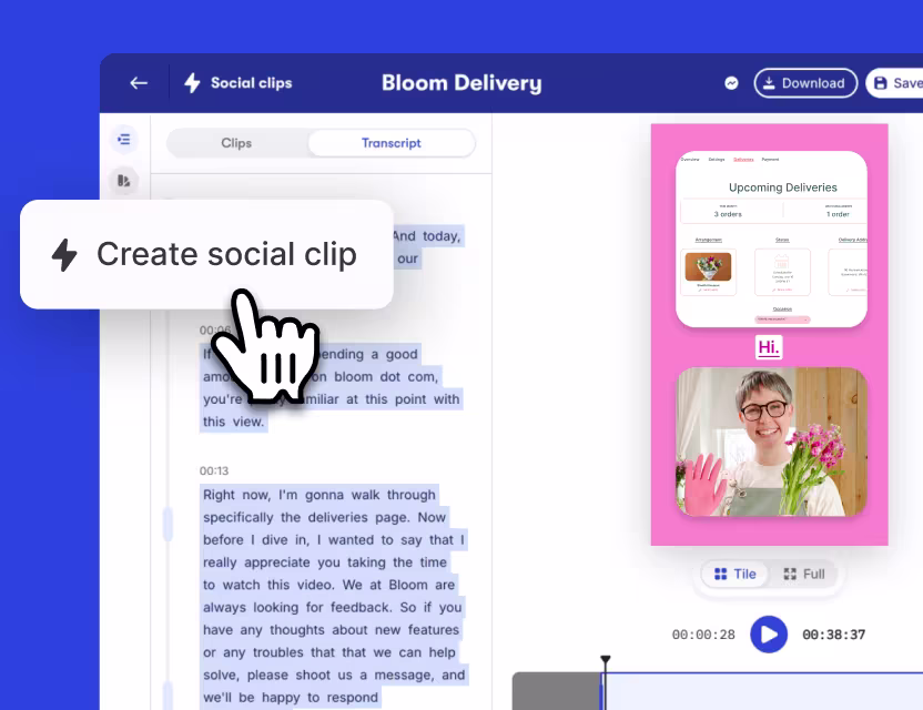 Video software UI showing a video editor with AI highlights