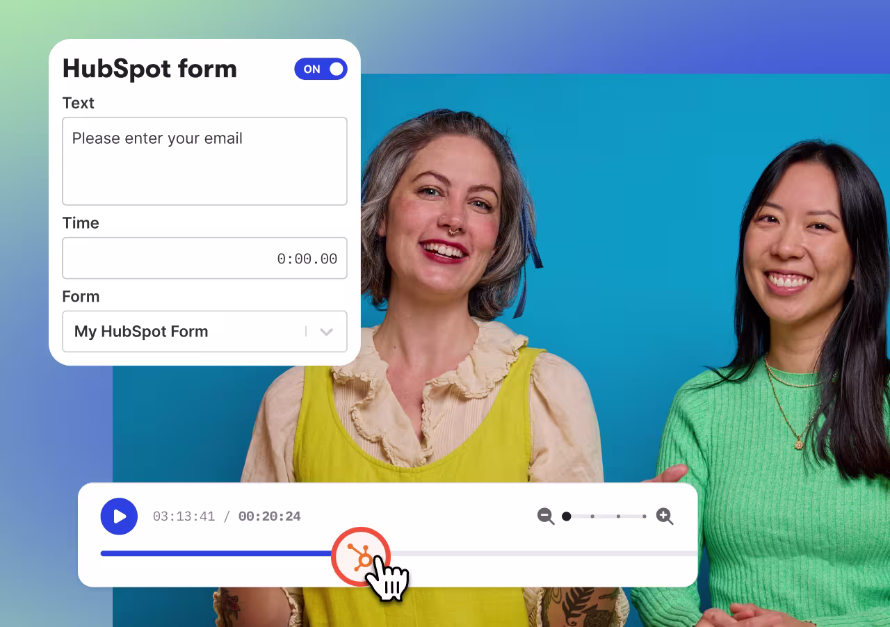 HubSpot form over a video of two people smiling.
