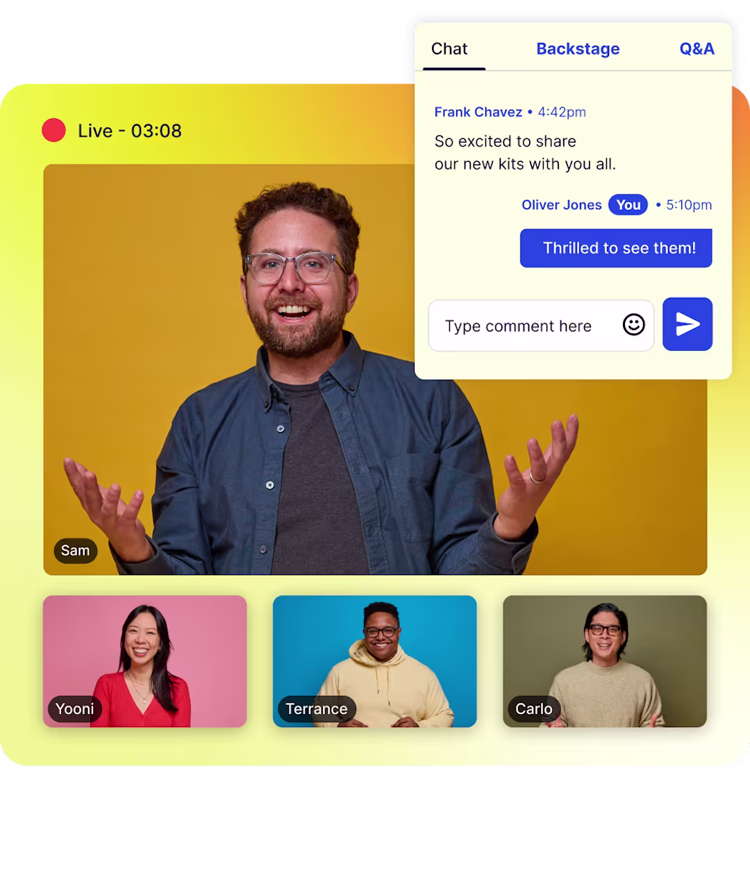 Man hosting a live webinar with participant thumbnails and chat interface on a yellow background.