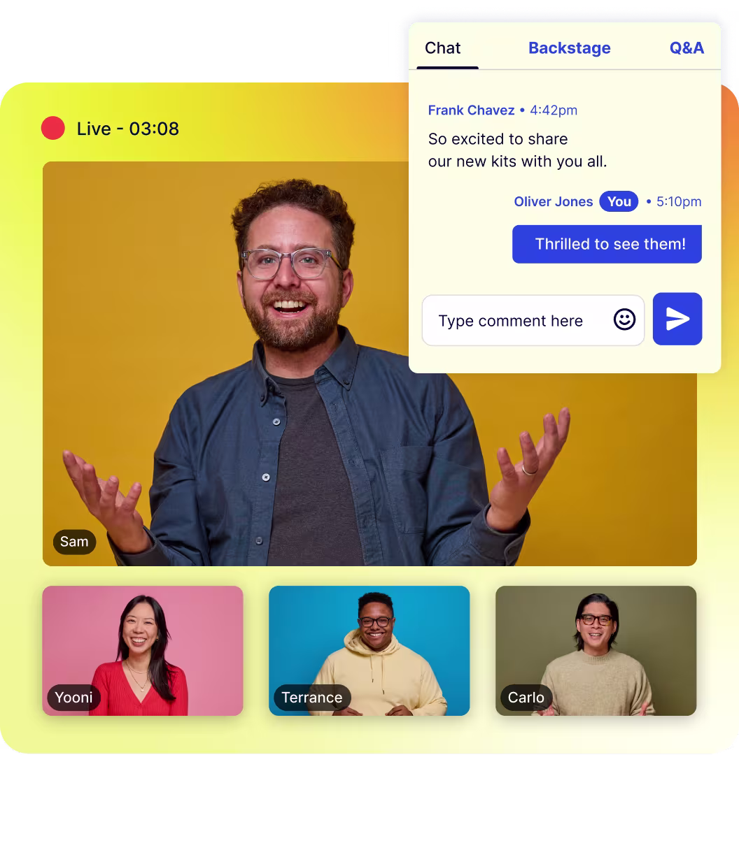 Man hosting a live webinar with participant thumbnails and chat interface on a yellow background.