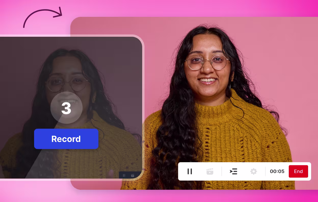 Wistia’s video recording UI showing a woman recording her screen, overlaid by a 3-second countdown timer, a large blue “Record” button, and a control bar with pause and end options.