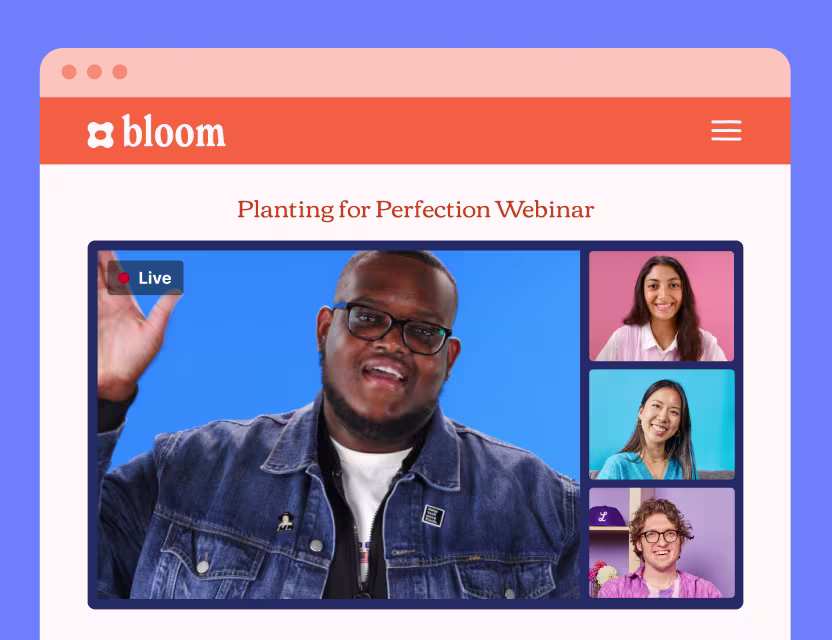 Video software UI showing a live webinar embedded onto a webpage