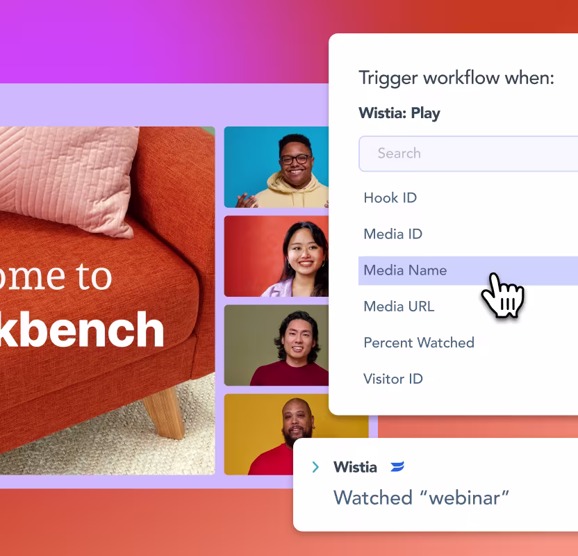 A workflow trigger panel set to fire when a visitor watches a Wistia webinar, with options like ‘percent watched’ and ‘media name.’