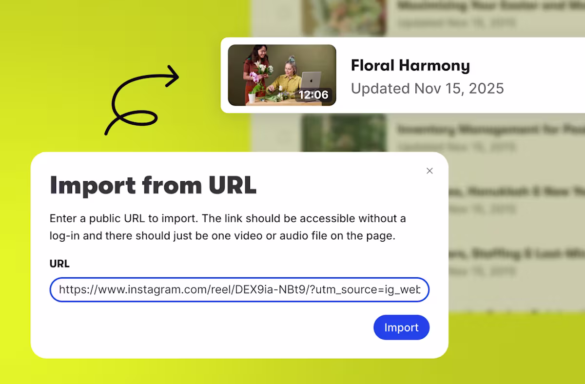 Wistia’s "Import from URL" dialog with an Instagram reel link pasted into the URL field, ready to import a video from a webpage.