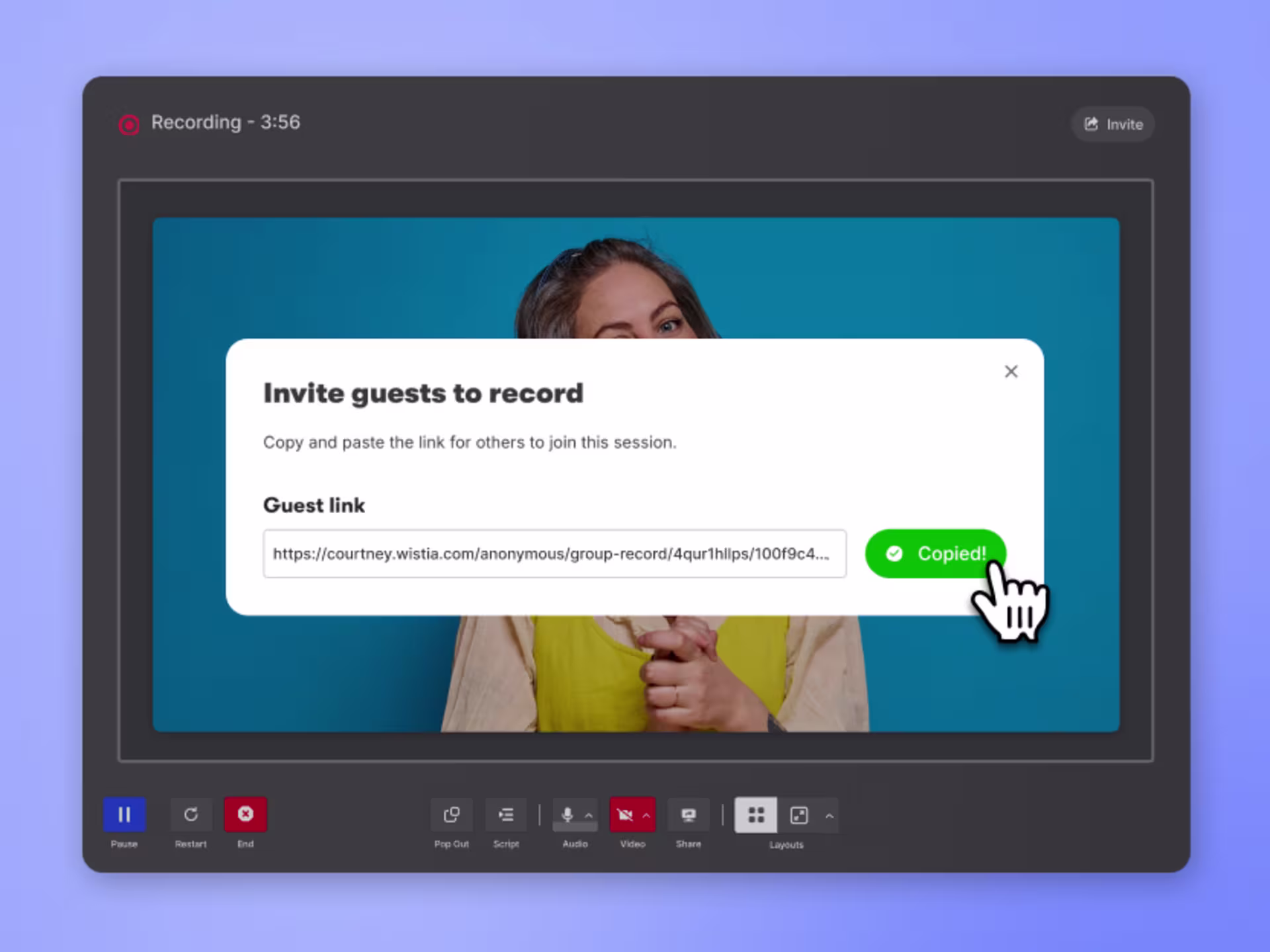 Request video modal with fields for link name, instructions, and destination folder, alongside a large “Generate link” button being clicked.