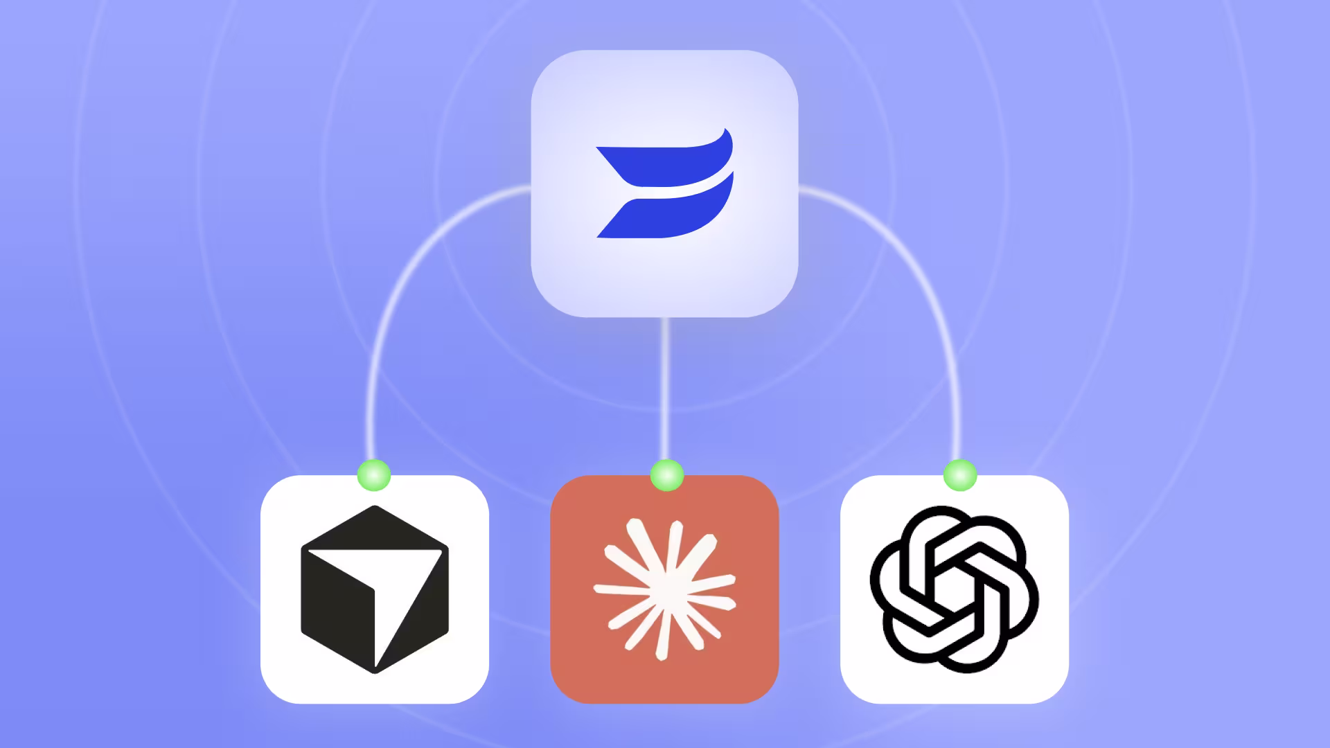 Wistia logo connected by curved lines to Cursor, Claude, and ChatGPT logos, representing Wistia’s MCP integrations.