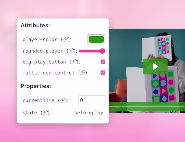 Video software UI showing a video player with customization options and API controls