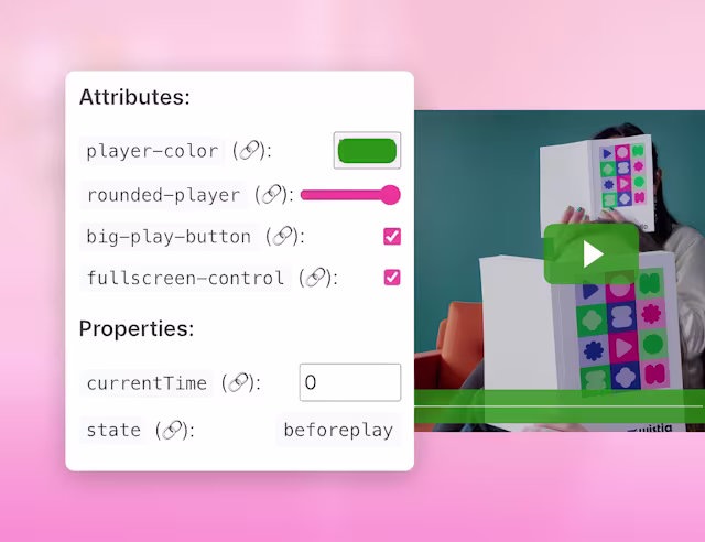 Video software UI showing a video player with customization options and API controls