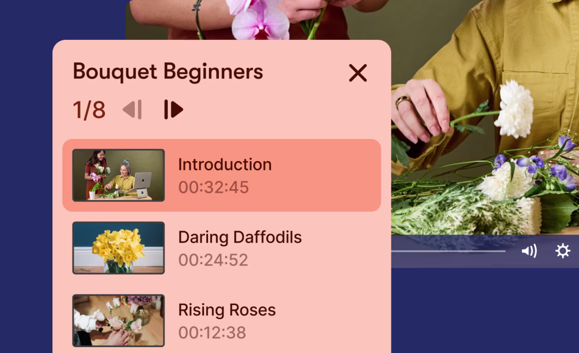 Video playlist interface titled ‘Bouquet Beginners,’ showing multiple episodes with thumbnails, durations, and a highlighted active video.