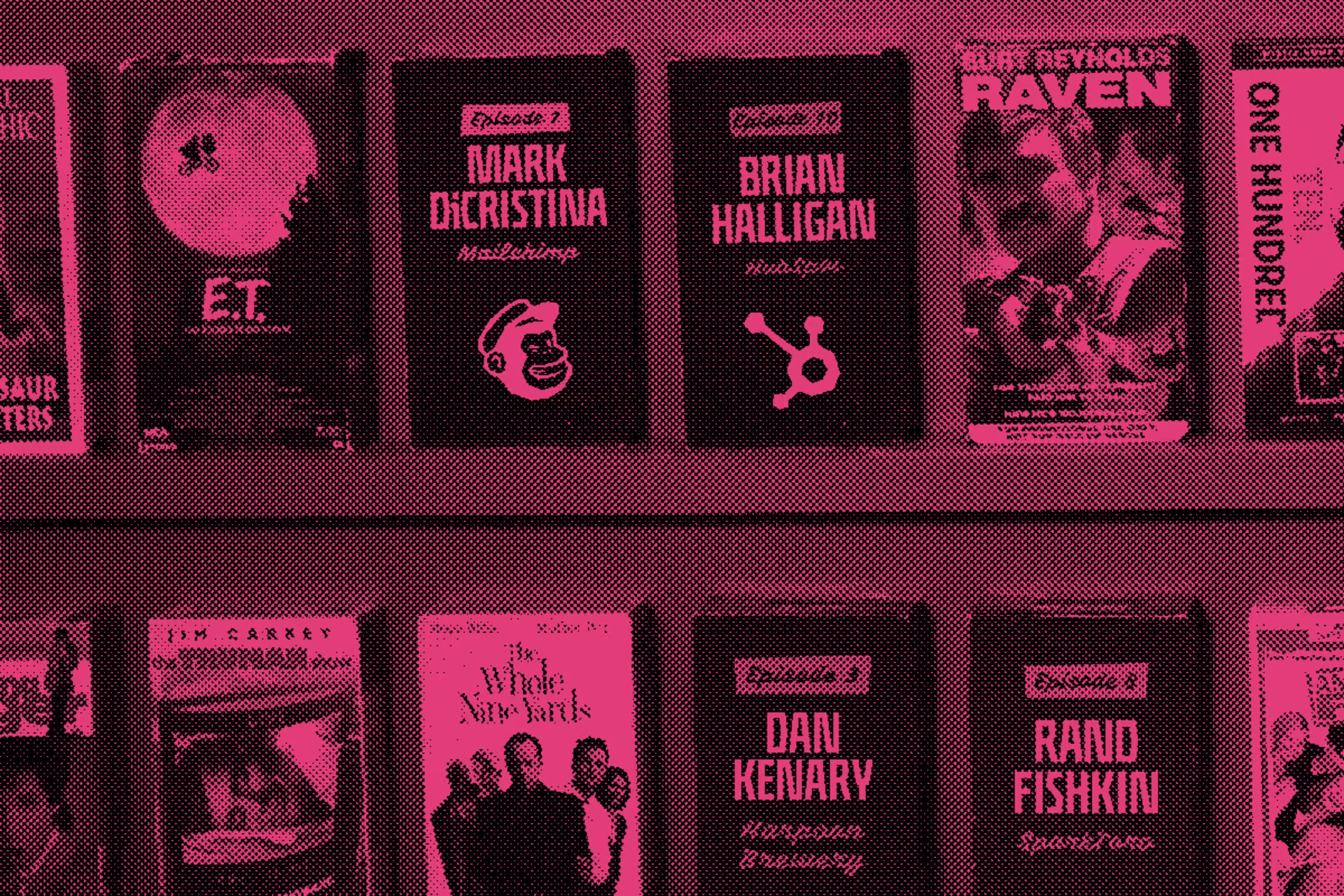 VHS cases on a shelf with some labeled with Brandwagon guests.