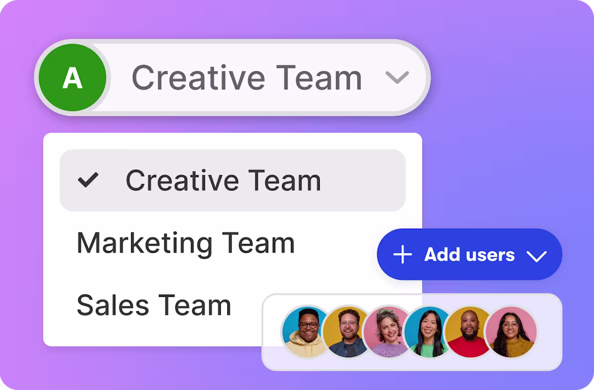 A Wistia account switcher open to "Creative Team," with Marketing Team and Sales Team options and an "Add users" button showing team member avatars.