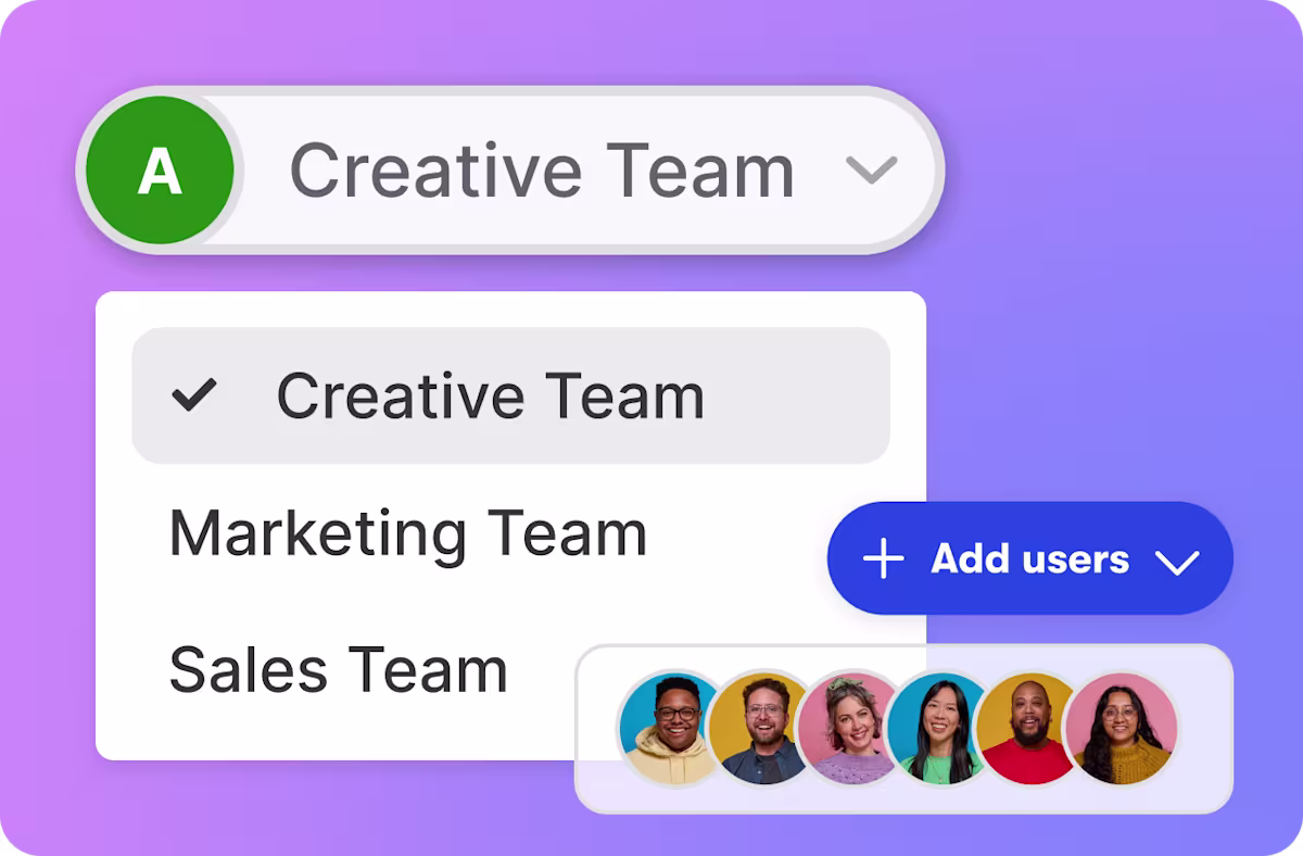  A Wistia account switcher open to "Creative Team," with Marketing Team and Sales Team options and an "Add users" button showing team member avatars.