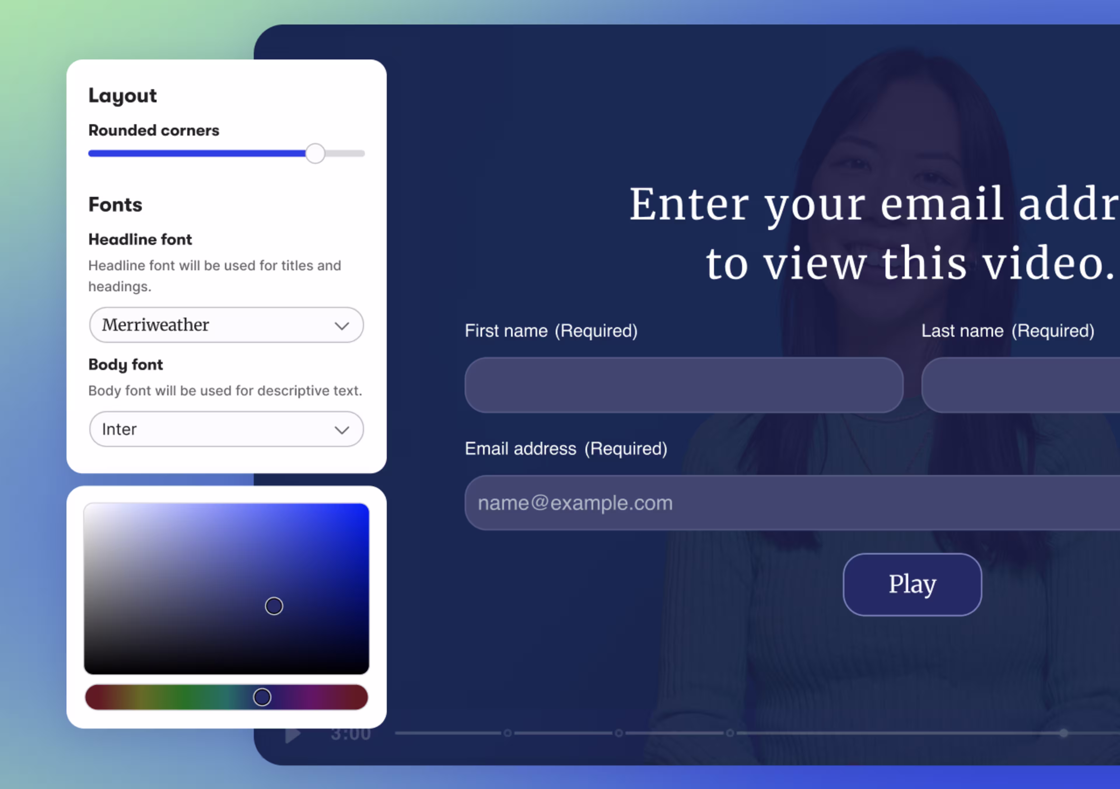 Wistia Form customization panel with layout, font, and color controls next to a preview of the form.