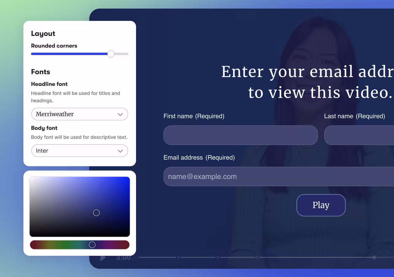Wistia Form customization panel with layout, font, and color controls next to a preview of the form.