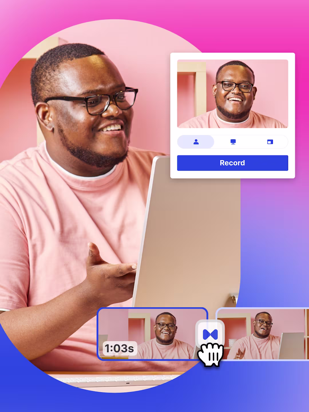 Photo of a smiling man at a desktop computer with video software UI showing a webcam recorder and a video clip