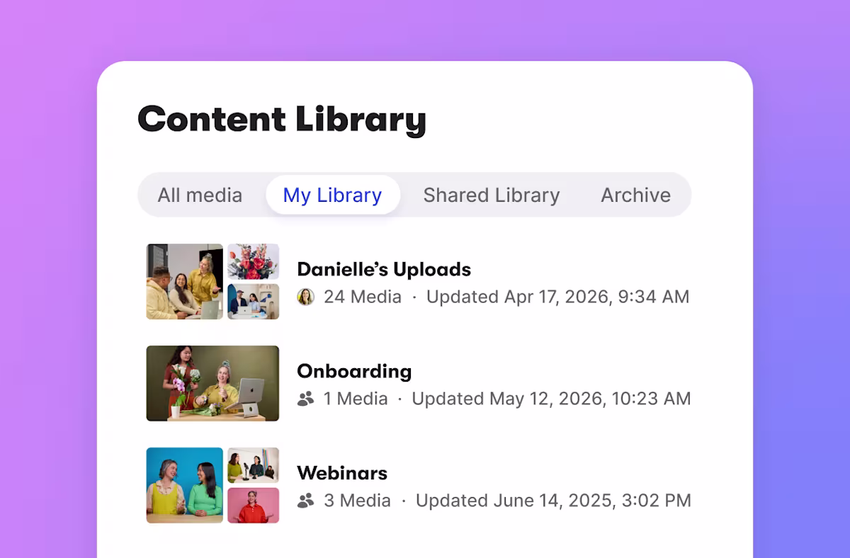 Wistia’s Content Library showing personal "My Library" folders like Danielle’s Uploads, Onboarding, and Webinars, each with a media count and last-updated date.