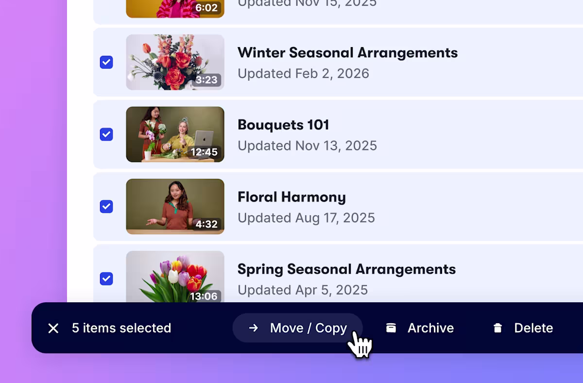 Five videos selected in a Wistia library with a bulk-action toolbar offering Move/Copy, Archive, and Delete.