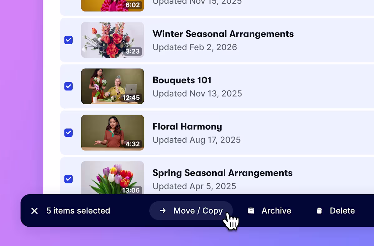 Five videos selected in a Wistia library with a bulk-action toolbar offering Move/Copy, Archive, and Delete.