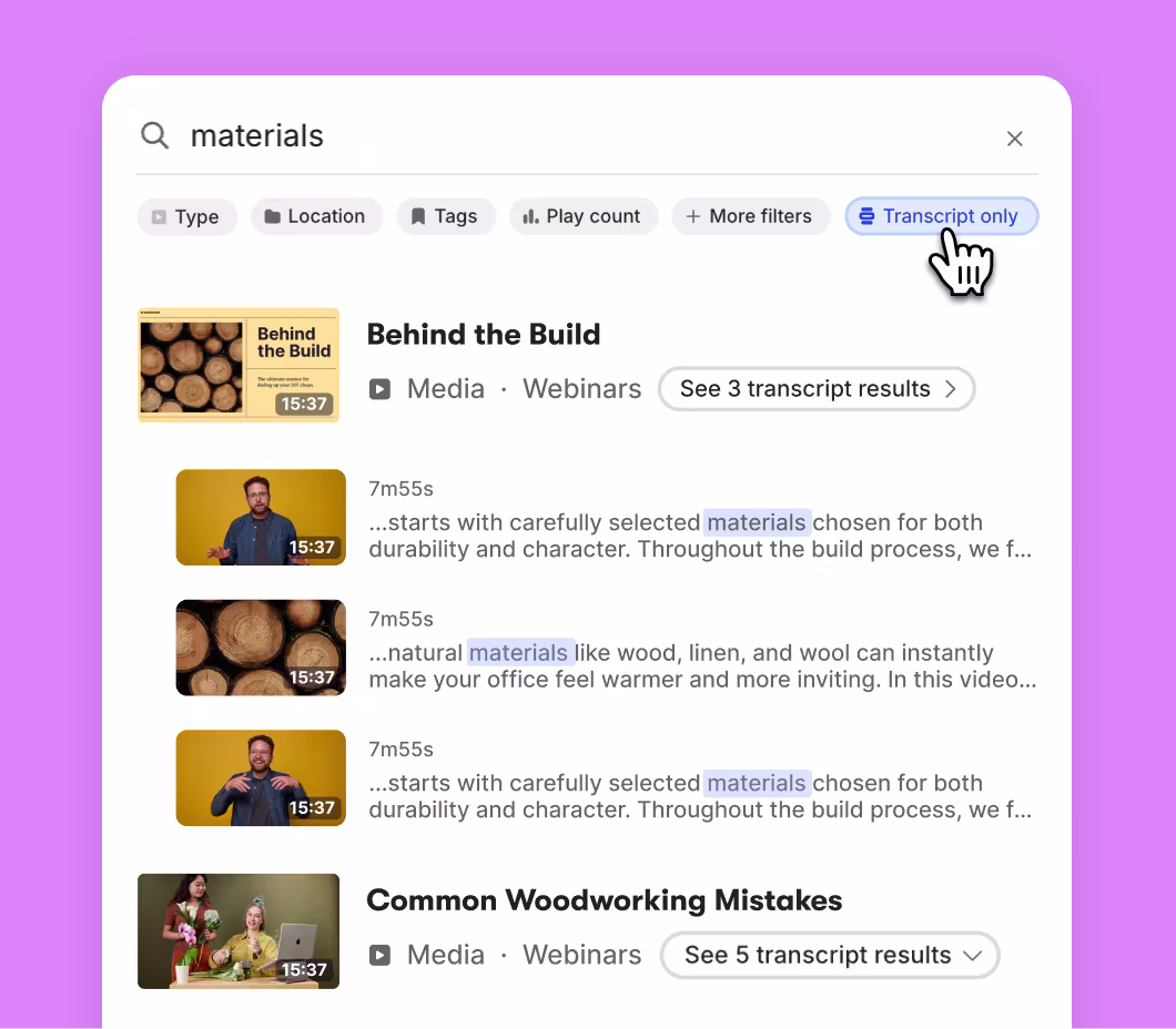 Wistia search results for the word materials, showing matching moments highlighted inside video transcripts with timestamps and See transcript results links.